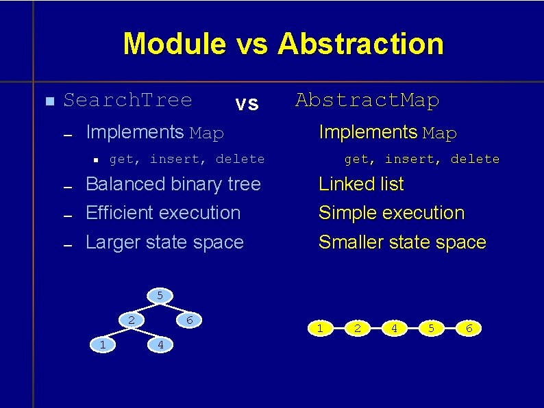 Module vs Abstraction Search. Tree vs Implements Map Abstract. Map Implements Map get, insert,