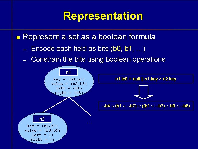 Representation Represent a set as a boolean formula Encode each field as bits (b