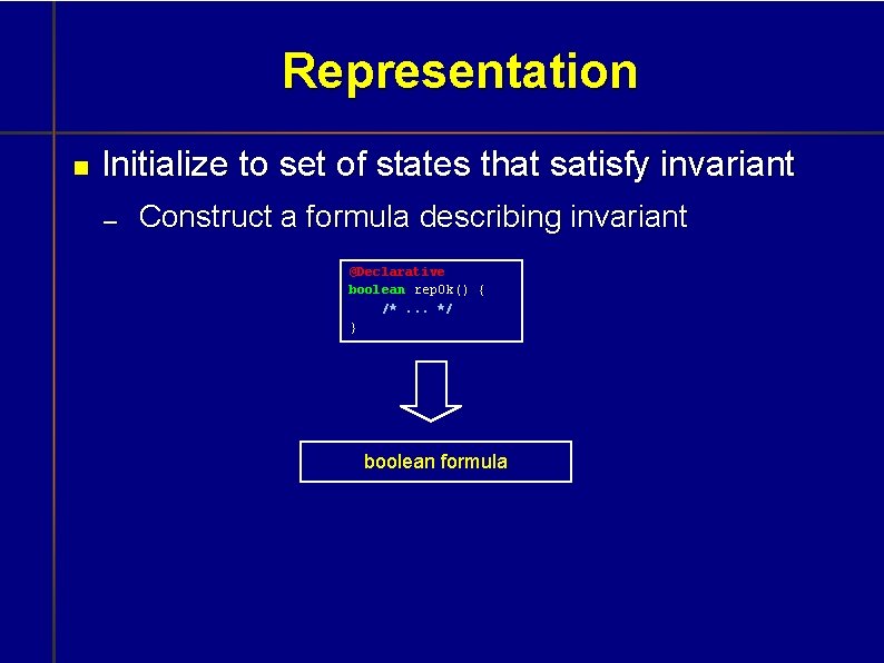 Representation Initialize to set of states that satisfy invariant Construct a formula describing invariant