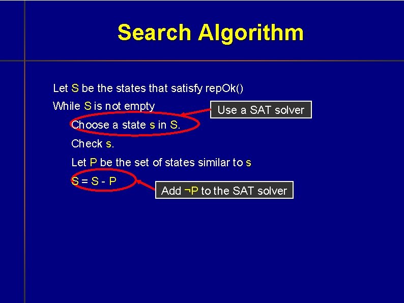 Search Algorithm Let S be the states that satisfy rep. Ok() While S is