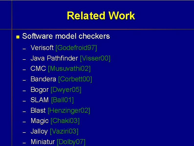 Related Work Software model checkers Verisoft [Godefroid 97] Java Pathfinder [Visser 00] CMC [Musuvathi