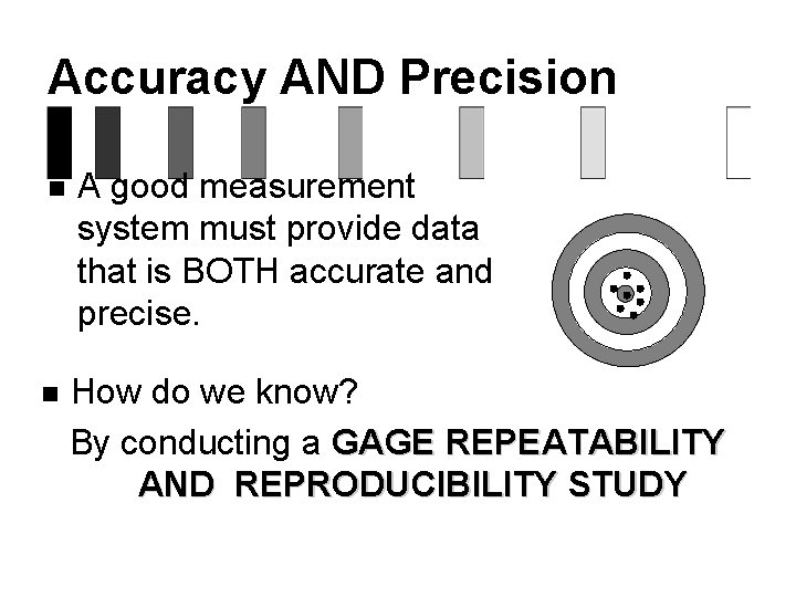 Accuracy AND Precision n n A good measurement system must provide data that is