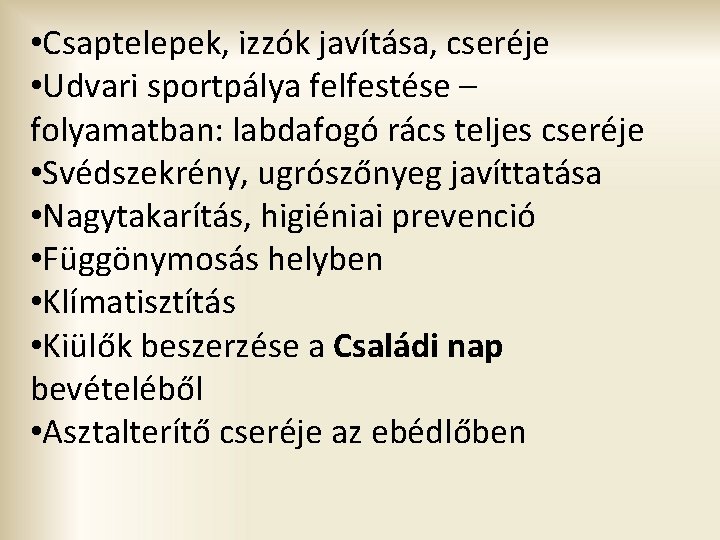  • Csaptelepek, izzók javítása, cseréje • Udvari sportpálya felfestése – folyamatban: labdafogó rács