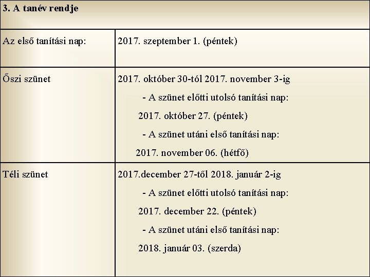 3. A tanév rendje Az első tanítási nap: 2017. szeptember 1. (péntek) Őszi szünet