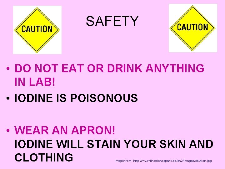 SAFETY • DO NOT EAT OR DRINK ANYTHING IN LAB! • IODINE IS POISONOUS