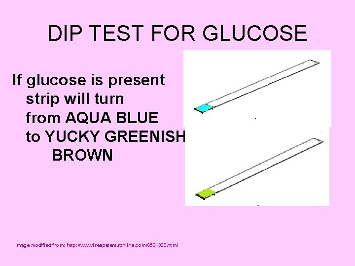 DIP TEST FOR GLUCOSE If glucose is present strip will turn from AQUA BLUE