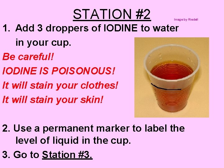 STATION #2 Image by Riedell 1. Add 3 droppers of IODINE to water in
