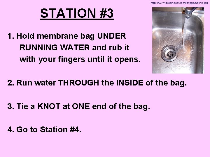 http: //www. beartoes. com/images/sink. jpg STATION #3 1. Hold membrane bag UNDER RUNNING WATER