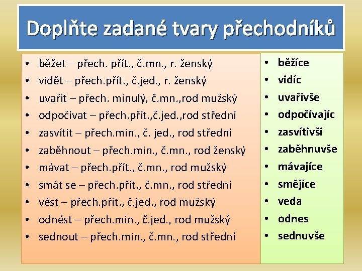 Doplňte zadané tvary přechodníků • • • běžet – přech. přít. , č. mn.