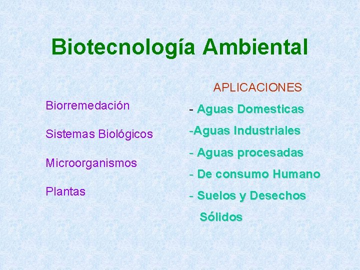 Biotecnología Ambiental APLICACIONES Biorremedación - Aguas Domesticas Sistemas Biológicos -Aguas Industriales Microorganismos Plantas -