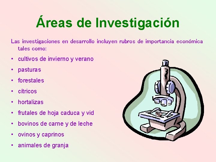 Áreas de Investigación Las investigaciones en desarrollo incluyen rubros de importancia económica tales como:
