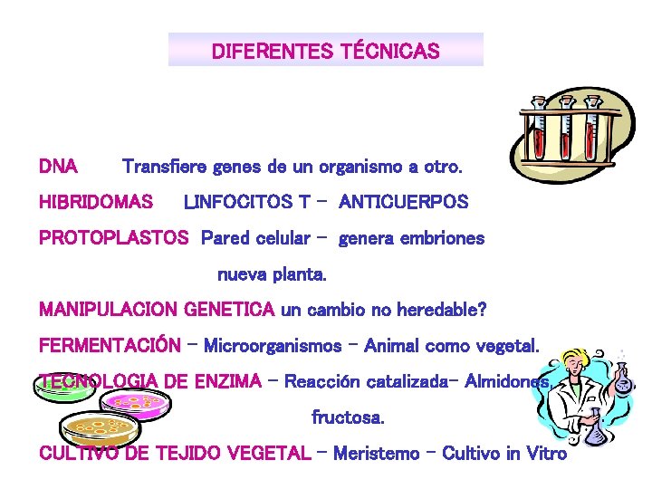 DIFERENTES TÉCNICAS DNA Transfiere genes de un organismo a otro. HIBRIDOMAS LINFOCITOS T -