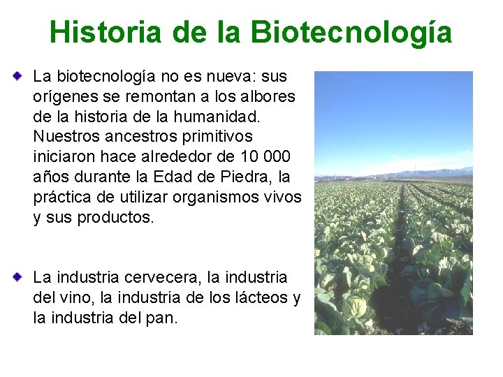 Historia de la Biotecnología La biotecnología no es nueva: sus orígenes se remontan a