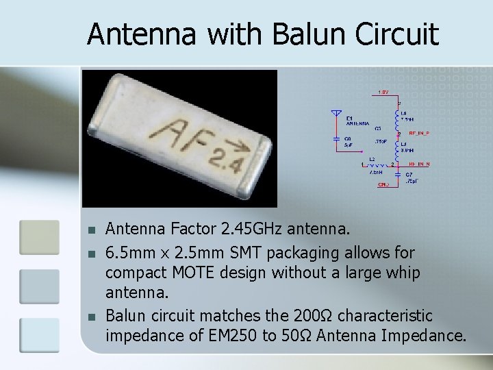 Antenna with Balun Circuit Antenna Factor 2. 45 GHz antenna. 6. 5 mm x