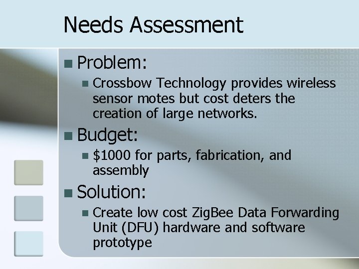 Needs Assessment Problem: Crossbow Technology provides wireless sensor motes but cost deters the creation