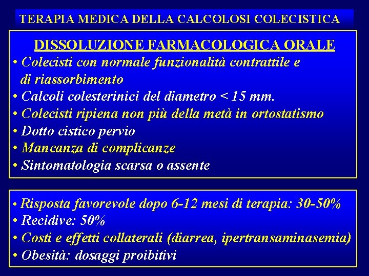 TERAPIA MEDICA DELLA CALCOLOSI COLECISTICA DISSOLUZIONE FARMACOLOGICA ORALE • Colecisti con normale funzionalità contrattile