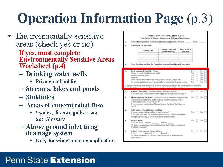 Operation Information Page (p. 3) • Environmentally sensitive areas (check yes or no) If