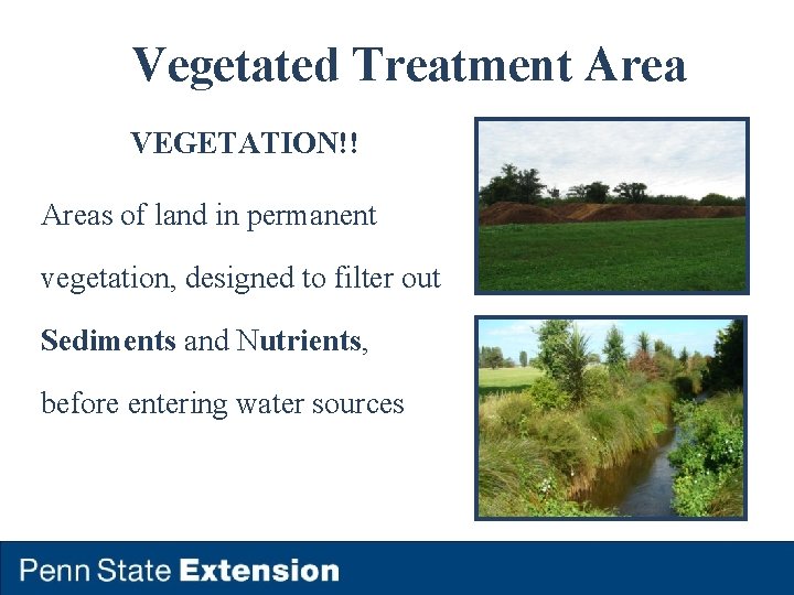 Vegetated Treatment Area VEGETATION!! Areas of land in permanent vegetation, designed to filter out