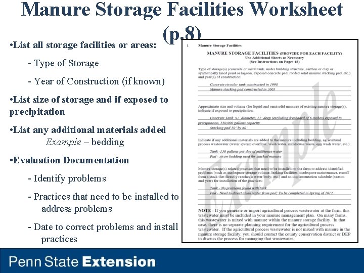 Manure Storage Facilities Worksheet (p. 8) • List all storage facilities or areas: -