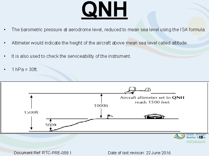 QNH • The barometric pressure at aerodrome level, reduced to mean sea level using