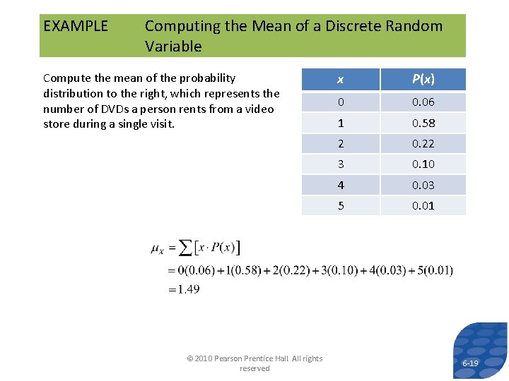 EXAMPLE Computing the Mean of a Discrete Random Variable Compute the mean of the