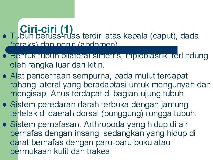 l l l Ciri-ciri (1) Tubuh beruas-ruas terdiri atas kepala (caput), dada (toraks) dan