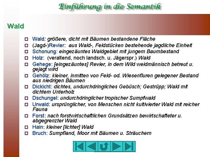 Wald ¨ ¨ ¨ Wald: Wald größere, dicht mit Bäumen bestandene Fläche (Jagd-)Revier: aus