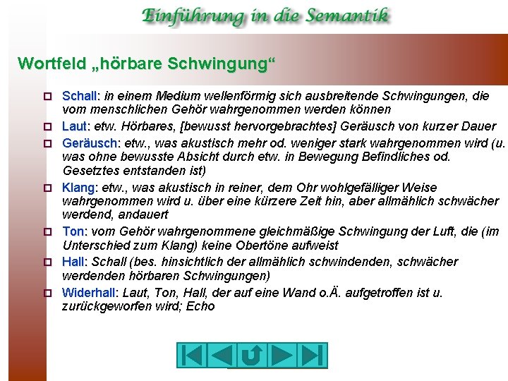 Wortfeld „hörbare Schwingung“ ¨ ¨ ¨ ¨ Schall: in einem Medium wellenförmig sich ausbreitende