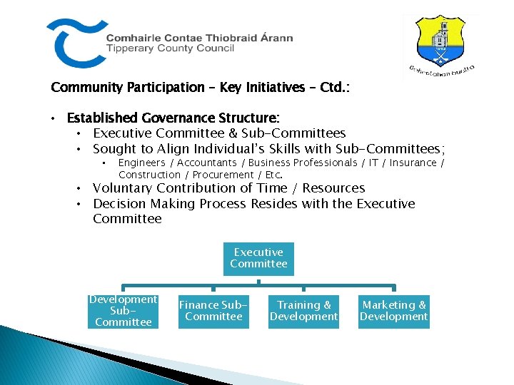 Community Participation – Key Initiatives – Ctd. : • Established Governance Structure: • Executive