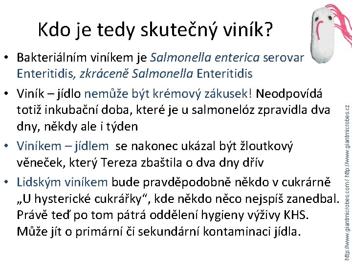  • Bakteriálním viníkem je Salmonella enterica serovar Enteritidis, zkráceně Salmonella Enteritidis • Viník