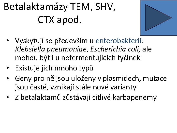 Betalaktamázy TEM, SHV, CTX apod. • Vyskytují se především u enterobakterií: Klebsiella pneumoniae, Escherichia