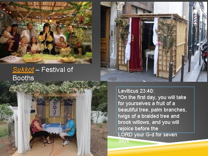 Sukkot – Festival of Booths Leviticus 23: 40: "On the first day, you will