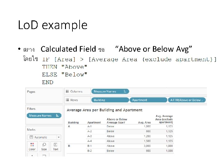 Lo. D example • สราง Calculated Field ชอ โดยใช สตร “Above or Below Avg”