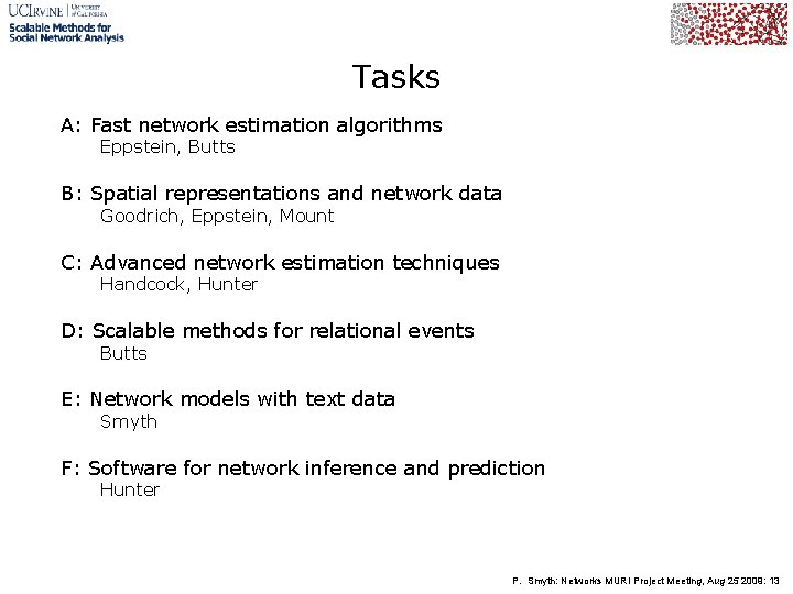 Tasks A: Fast network estimation algorithms Eppstein, Butts B: Spatial representations and network data
