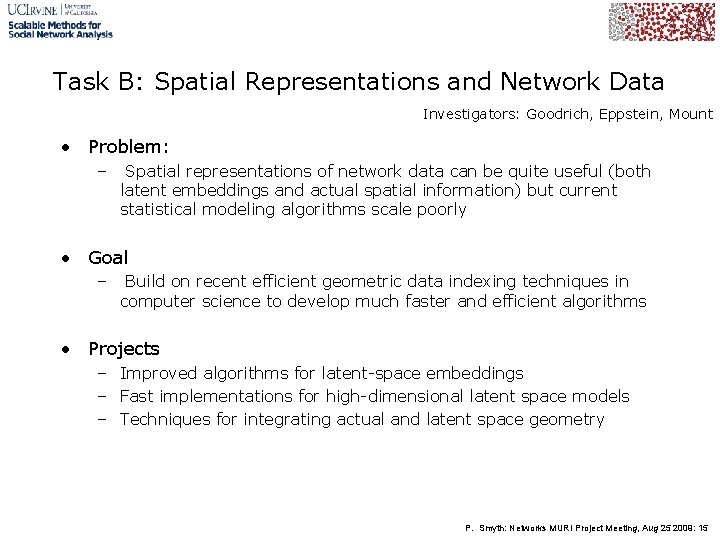 Task B: Spatial Representations and Network Data Investigators: Goodrich, Eppstein, Mount • Problem: –