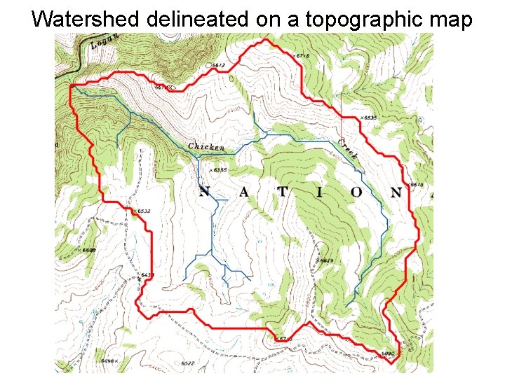 Watershed delineated on a topographic map 