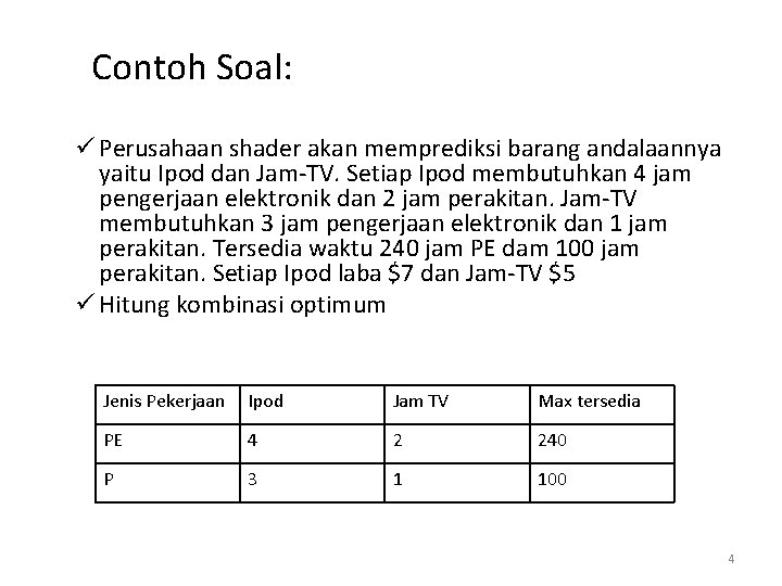 Contoh Soal: ü Perusahaan shader akan memprediksi barang andalaannya yaitu Ipod dan Jam-TV. Setiap Contoh Soal: ü Perusahaan shader akan memprediksi barang andalaannya yaitu Ipod dan Jam-TV. Setiap