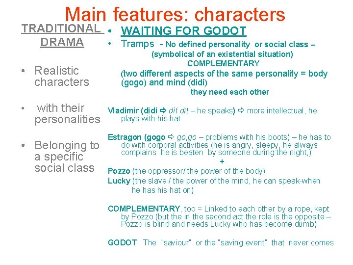 Main features: characters TRADITIONAL • WAITING FOR GODOT DRAMA • Tramps - No defined