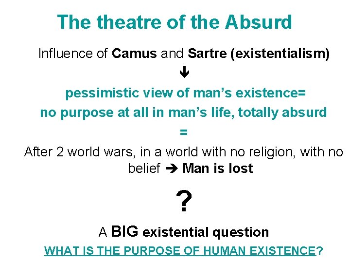 The theatre of the Absurd Influence of Camus and Sartre (existentialism) pessimistic view of