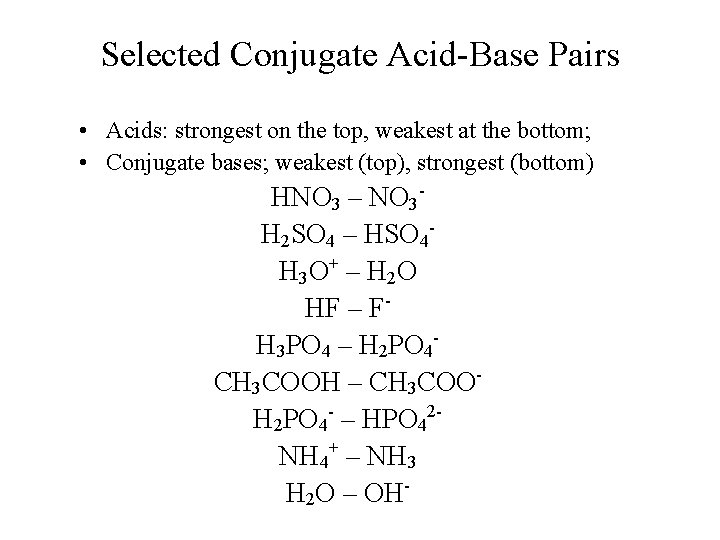 Selected Conjugate Acid-Base Pairs • Acids: strongest on the top, weakest at the bottom;