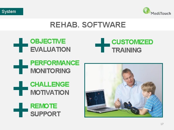 System REHAB. SOFTWARE OBJECTIVE EVALUATION CUSTOMIZED TRAINING PERFORMANCE MONITORING CHALLENGE MOTIVATION REMOTE SUPPORT 17
