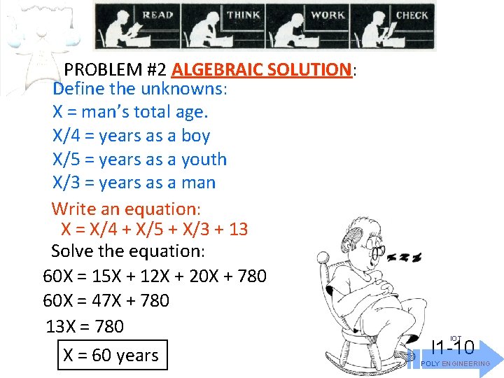 PROBLEM #2 ALGEBRAIC SOLUTION: Define the unknowns: X = man’s total age. X/4 =
