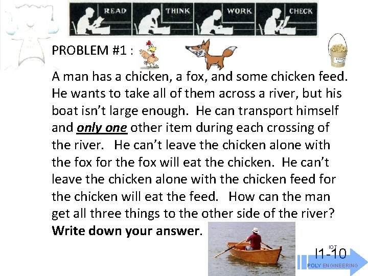 PROBLEM #1 : A man has a chicken, a fox, and some chicken feed.