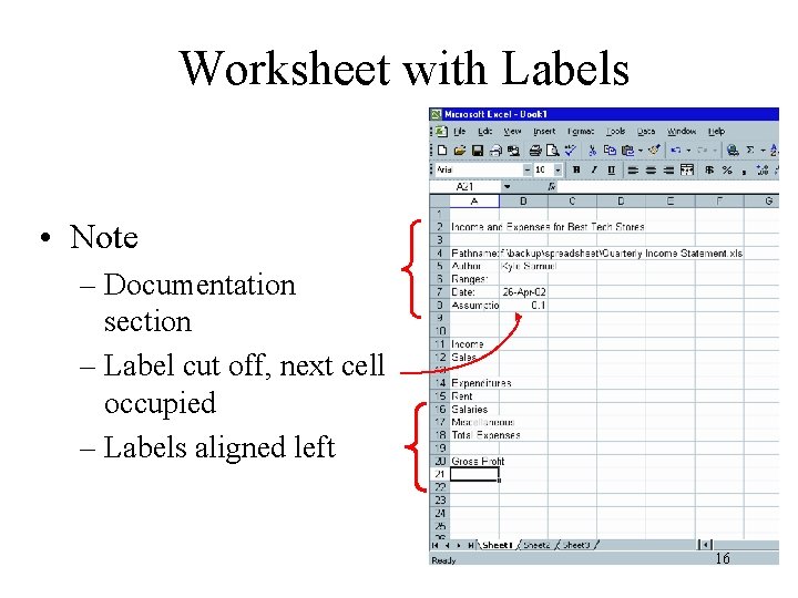 Worksheet with Labels • Note – Documentation section – Label cut off, next cell