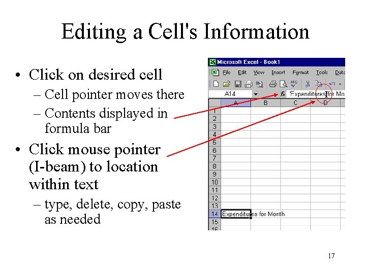 Editing a Cell's Information • Click on desired cell – Cell pointer moves there