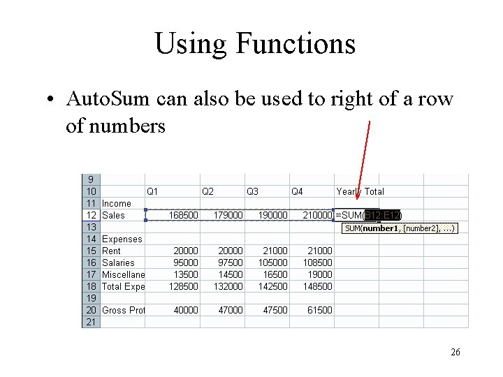 Using Functions • Auto. Sum can also be used to right of a row