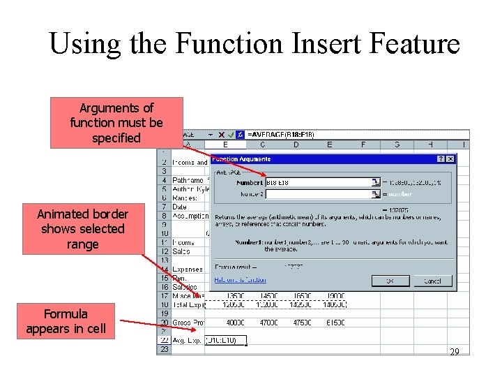 Using the Function Insert Feature Arguments of function must be specified Animated border shows