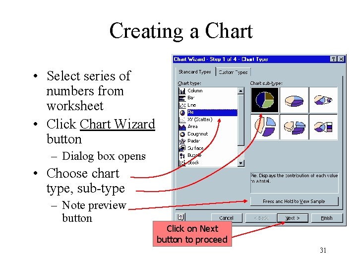 Creating a Chart • Select series of numbers from worksheet • Click Chart Wizard