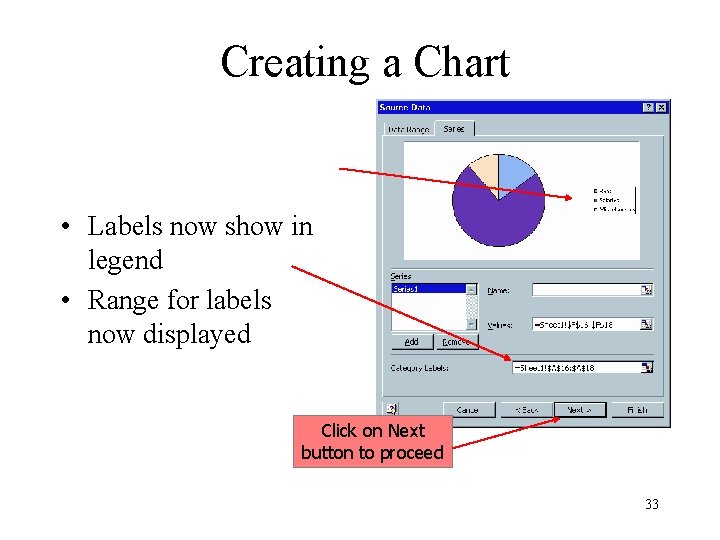 Creating a Chart • Labels now show in legend • Range for labels now