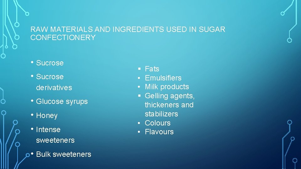 RAW MATERIALS AND INGREDIENTS USED IN SUGAR CONFECTIONERY • Sucrose derivatives • Glucose syrups